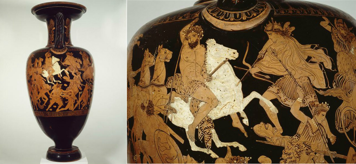 Amphora known as the amphora of Milo: gigantomachy, including the depiction of Poseidon on a rearing horse, 410-400 BC, Attica, attributed to the painter of Suessula