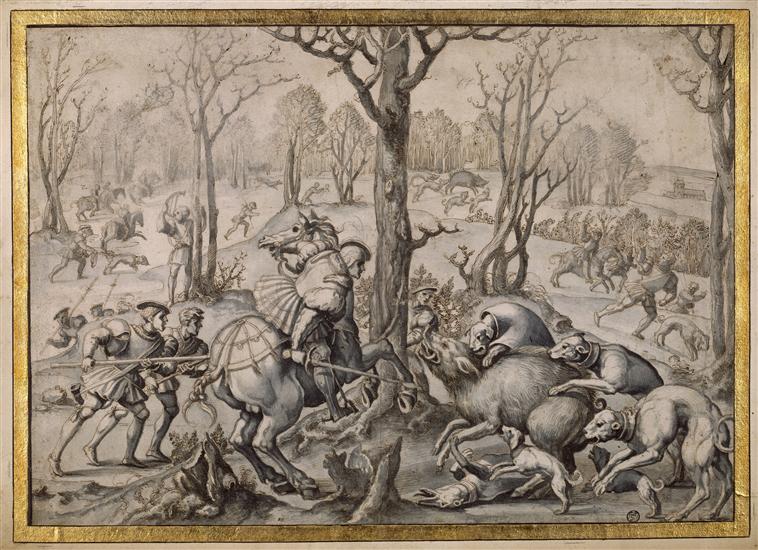 A tapestry design 'The month of December, capricorn: attack of the wild boar' from the series 'The Hunting of Maximilian' called 'Beautiful hunts of Guise', cr. 1530, after Bernard van Orley, Brussels, Flanders