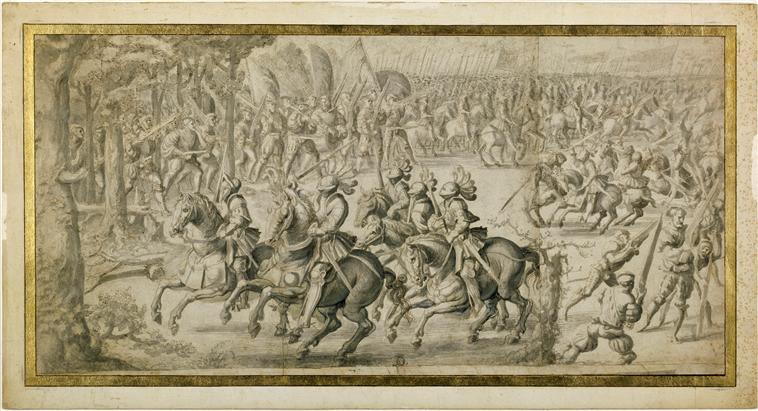 A tapestry design 'The cavalry attack and the assault of the arquebusiers' from the series 'The Battle of Pavia', 16th century, Bernard van Orley, Brussels, Flanders