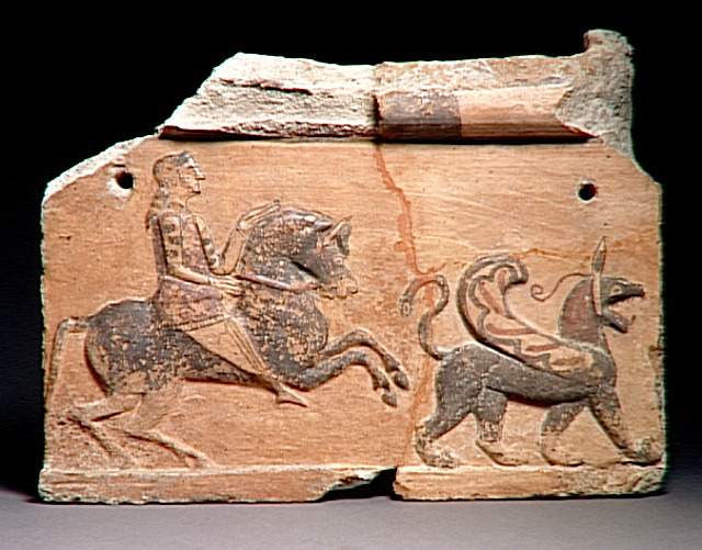 COMPARANDUM: Tile with a winged griffon and a horseman, 6th century BC, Asia Minor