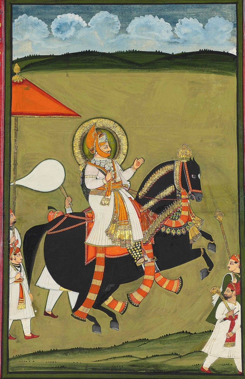 A large equestrian portrait of a maharaja Jawan Singh of Mewar, cr. 1830, Udaipur, India