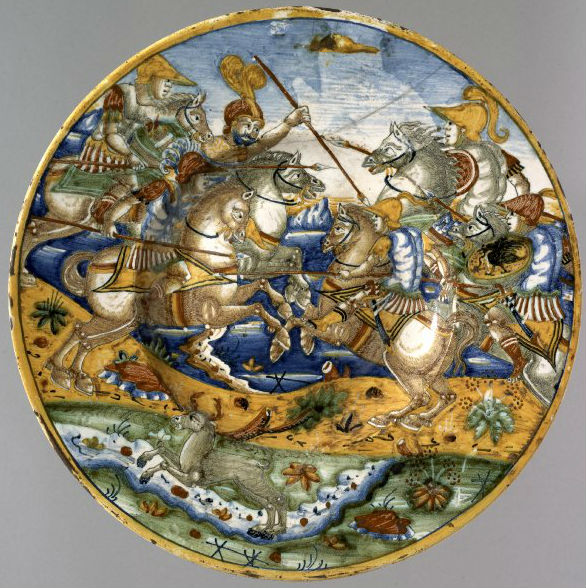 Plate depicting a battle, 1554, possibly Mancini workshop, Deruta