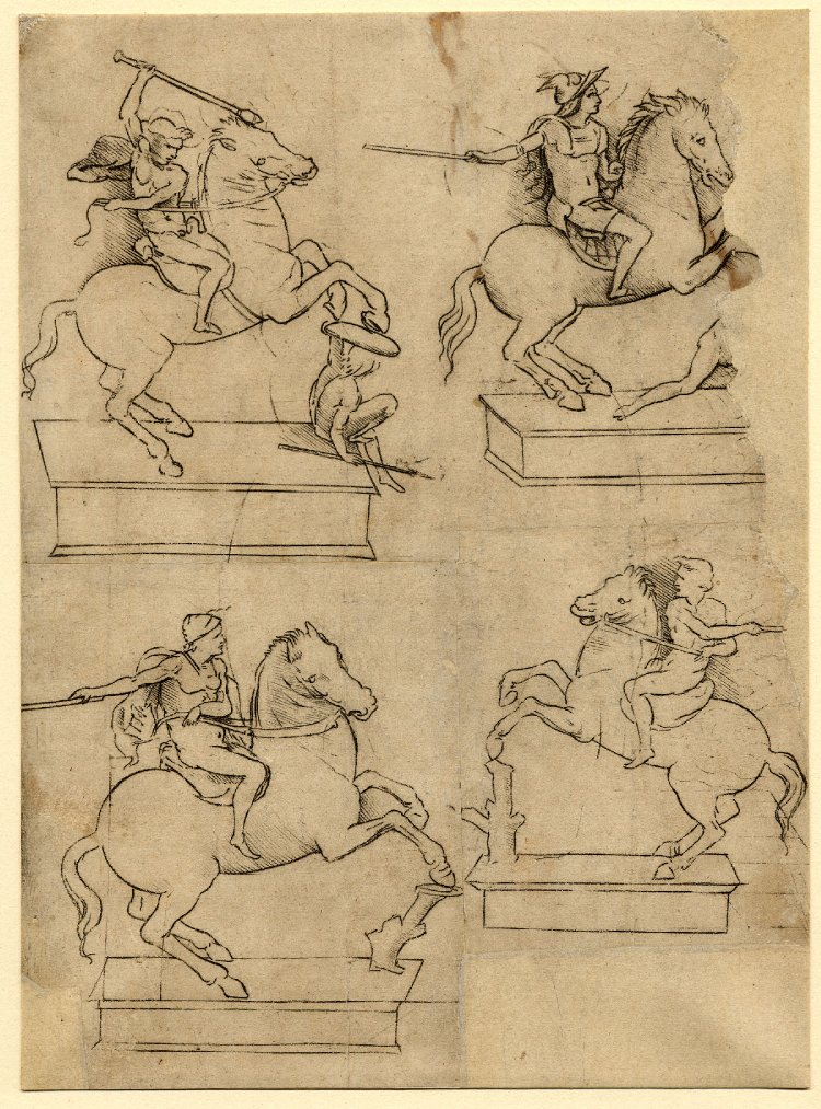 Four studies for the uncompleted equestrian statue of Francesco Sforza, 1490-1510, after Leonardo da Vinci