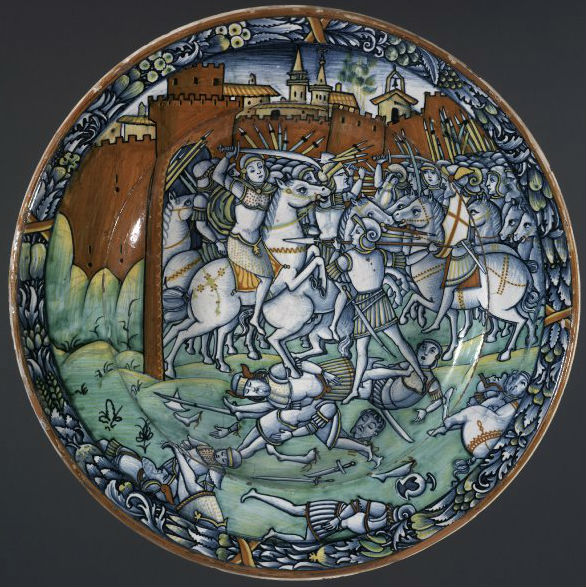 Dish depicting a battle, cr. 1500-10, possibly Mancini workshop, Deruta