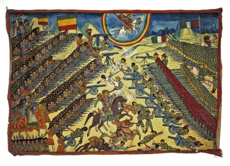 Battle of Adwa, with Emperor Menelik II and Saint George on rearing horses, 1940-1949, Ethiopia