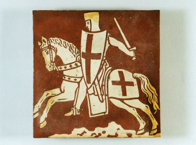 Lead-glazed inlaid floor tile showing a knight on horseback, 1845-1860, Chertsey, England