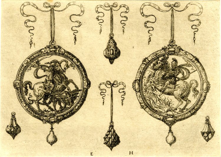 Two large and four small pendants; St George on the large pendant on l, Marcus Curtius on r, 1562, Erasmus Hornick, Nuremberg, Germany