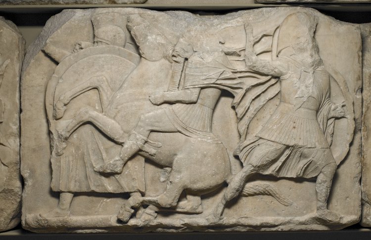 Detail of the first frieze of the Nereid monument showing heroic combats, cr. 390-380 BC, classical Greek, Xanthos in Lycia, close to present-day Fethiye in Mugla Province, Turkey