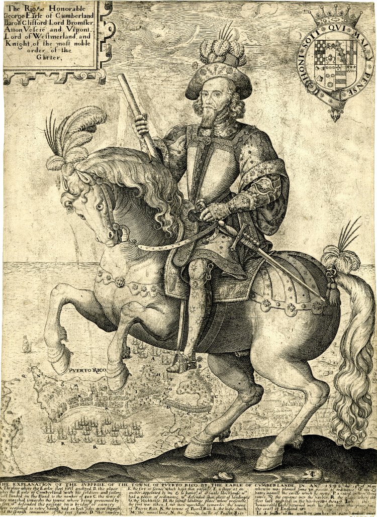 George Clifford, 3rd Earl of Cumberland, mounted on a prancing horse, with a view of Puerto Rico in the background, cr.1599, Thomas Cockson