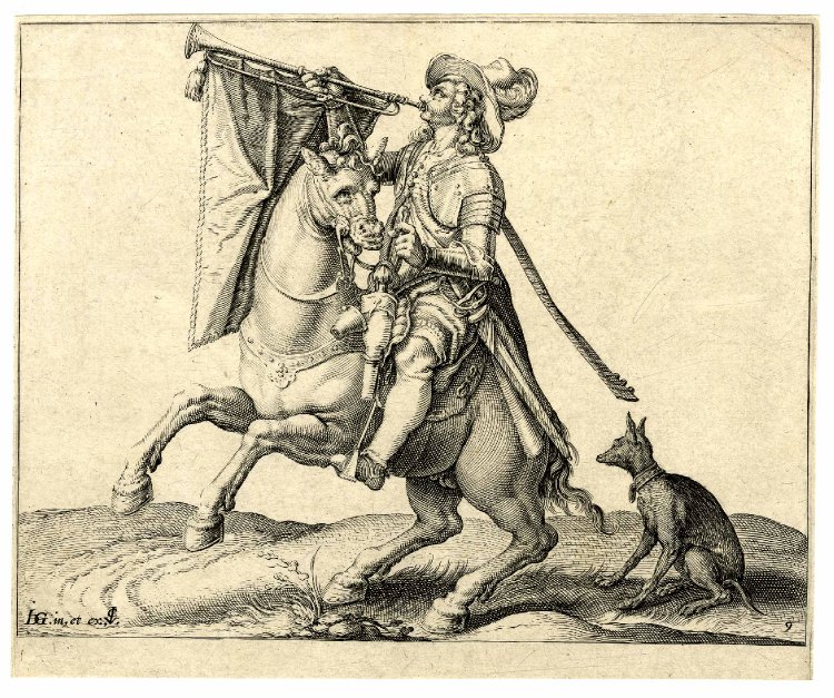 A mounted trumpeter sounding his trumpet accompanied by a dog, after 1599, Jacques de Gheyn II, Netherlands