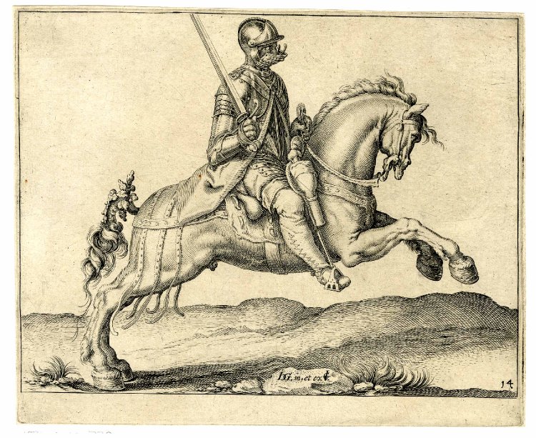 A cavalryman raising his sword and charging to right, after 1599, Jacques de Gheyn II, Netherlands