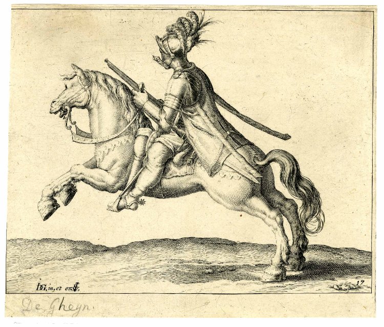 A cavalryman holding a gun charging to left, after 1599, Jacques de Gheyn II, Netherlands