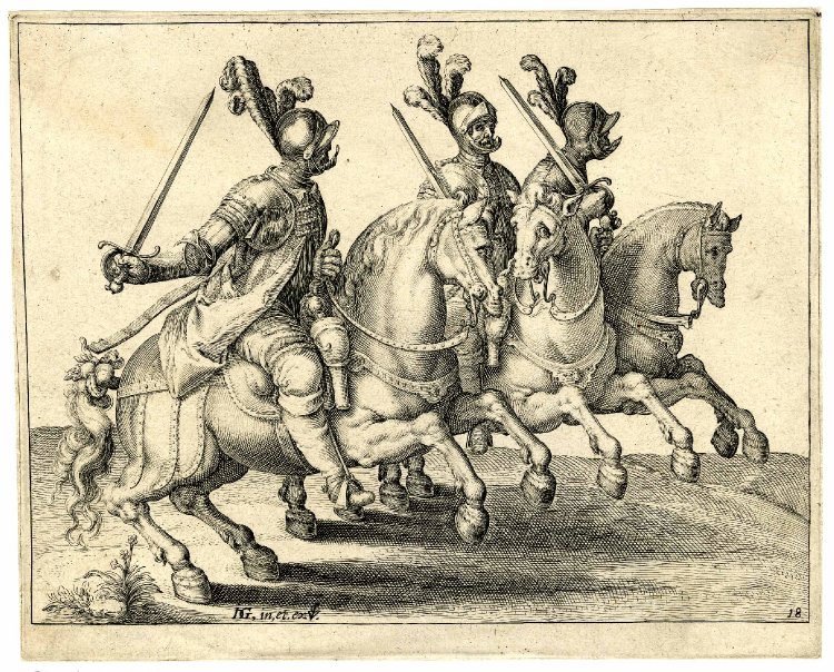 Three cavalrymen in full armour with drawn swords, riding to the right, after 1599, Jacques de Gheyn II, Netherlands