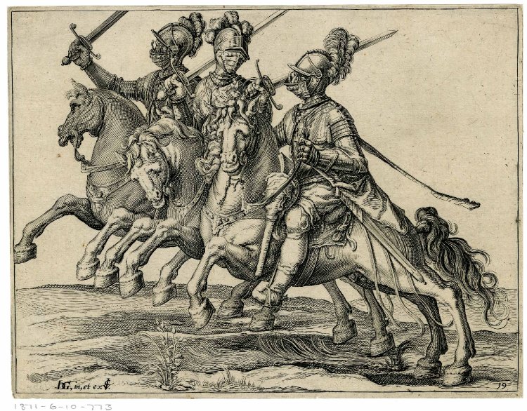 Three cavalrymen in full armour with drawn swords, riding to the left, after 1599, Jacques de Gheyn II, Netherlands