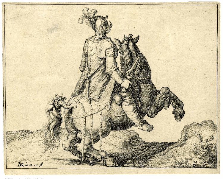 A cavalryman holding a pistol, on a rearing horse, to right, after 1599, Jacques de Gheyn II, Netherlands