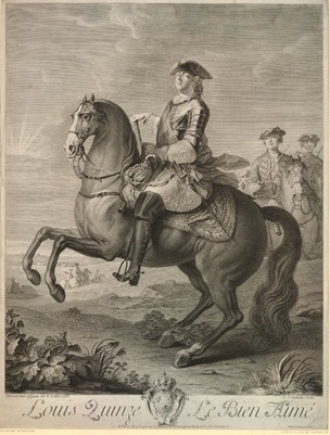 Equestrian portrait of Louis XV, 1765, altered version of an engraving made in 1732, print made by Louis Jacques Cathelin after Noël Le Mire (Louis XV's face) and Charles Parrocel