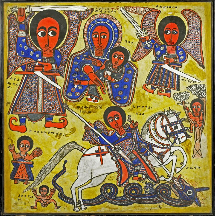 Painting on parchment depicting the Virgin Mary, the infant Christ, Saint Michael, Saint Gabriel and Saint George slaying a dragon, 19th century