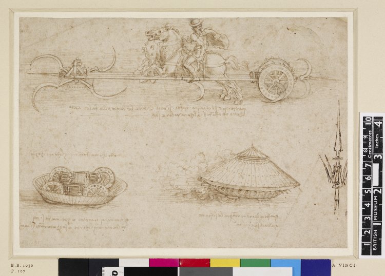 Studies of military tank-like machines including one led by a horseman on a rearing horse pulling a contraption with revolving scythes, cr. 1485, Leonardo da Vinci, Florence