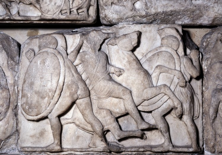 Detail of the first frieze of the Nereid monument showing heroic combats, cr. 390-380 BC, classical Greek, Xanthos in Lycia, close to present-day Fethiye in Mugla Province, Turkey
