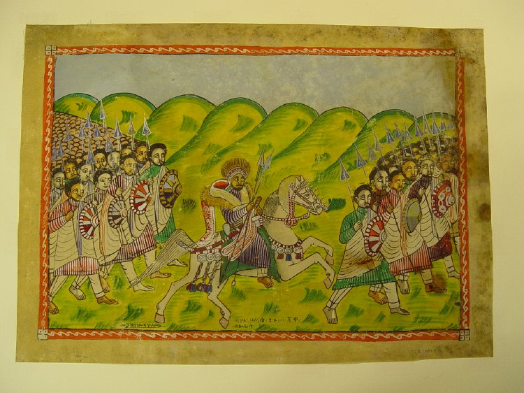 King Sahle Sellase of Shewa mounted on a white horse at the battle of Adwa (?), 20th century, painting on woven nylon material, Ethiopia