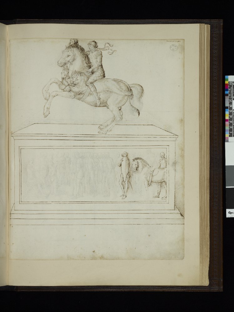 A sculpture of a classical horseman holding a severed head on a base with a relief of a scene of judgement, c. 1440-1470, Jacopo Bellini