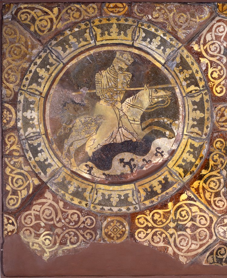 Inlaid floor tile showing Richard I (Coeur de Lion) in combat with his adversary Saladin, 1250s, Chertsey Abbey, Chertsey, England