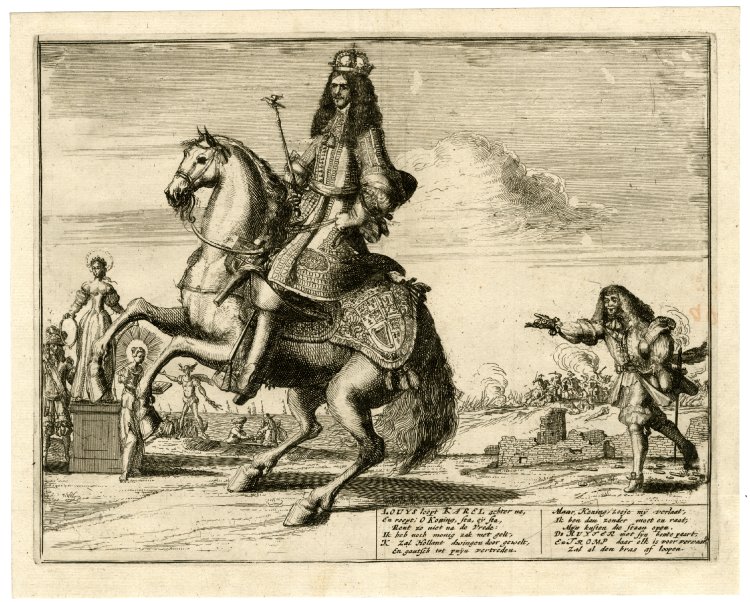 Satire: Louis XIV, holding out coins, runs after Charles II who holds the sceptre of peace and rides a prancing horse, 1670-80, Romeyn de Hooghe, Netherlands