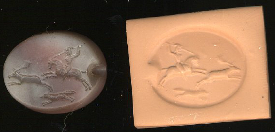 Cylinder seal with a scene of a rider in a Median dress with a spear and a dog chasing a fallow deer, 538 BC-331 BC, Achaemenid Persia