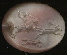 Cylinder seal with a scene of a rider in a Median dress with a spear and a dog chasing a fallow deer, 538 BC-331 BC, Achaemenid Persia