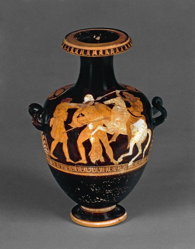Hydria with Greeks fighting a mounted Persian, 365-350 BC, Attic