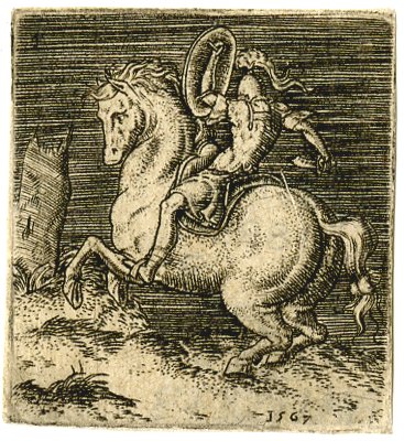 A horsemen in antique dress holding a shield in his left hand, 1567, Abraham de Bruyn, Flanders