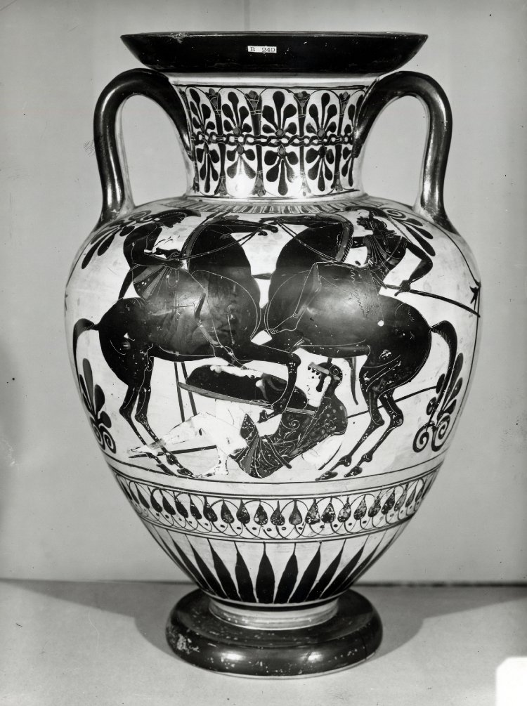 Neck-amphora with the depiction of mounted warriors trampling an Amazon, cr. 510 BC-500 BC, Attica