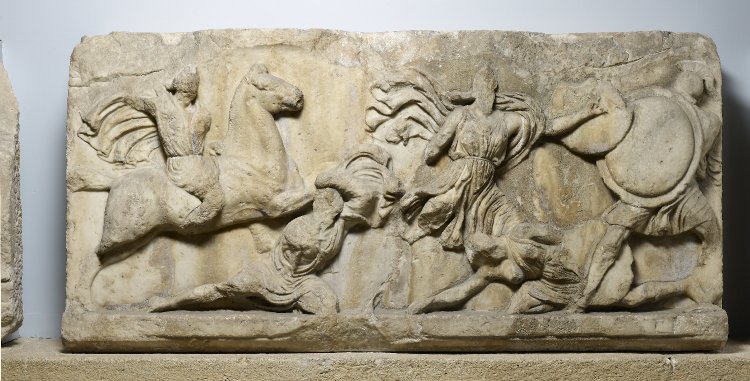 Detail of the Amazon Frieze of the Mausoleum at Halicarnassus, cr. 350 BC, Pytheos (?), classical Greek, Halicarnassus (present Bodrum, Turkey)