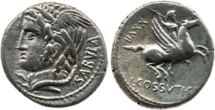 Silver denarius, reverse shows Bellerophon on Pegasus brandishing spear