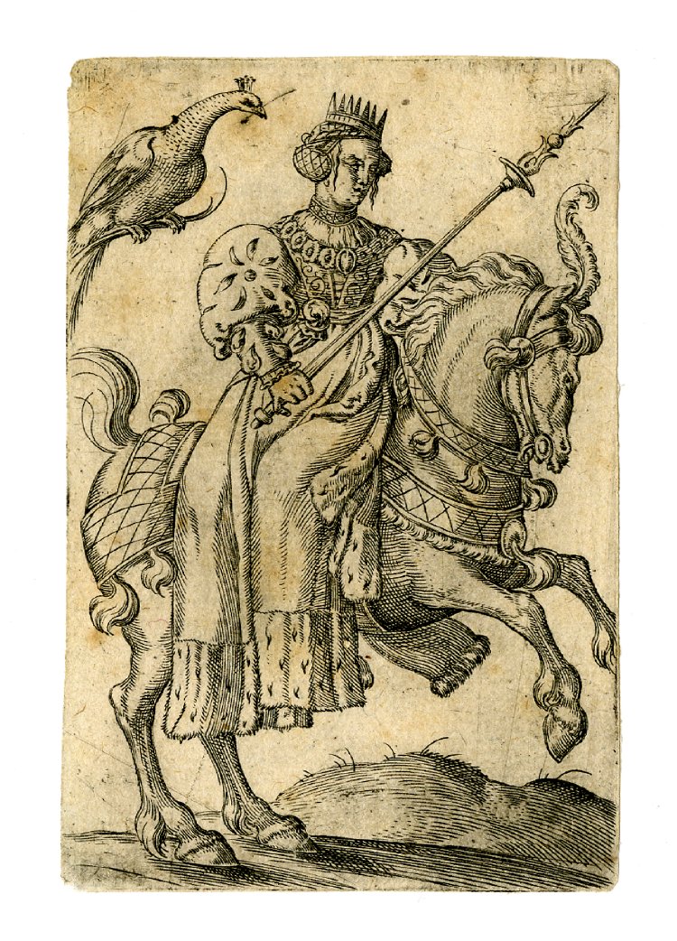 Playing card, the queen of peacocks, cr. 1550, Virgil Solis, Nuremberg, Germany
