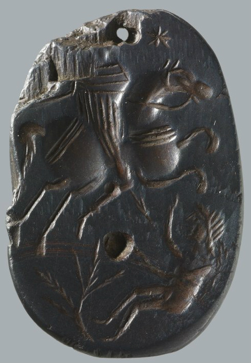 Magical gem with a rider on a rearing horse (Solomon) stabbing a woman lying on the earth (Lilith), 4th century