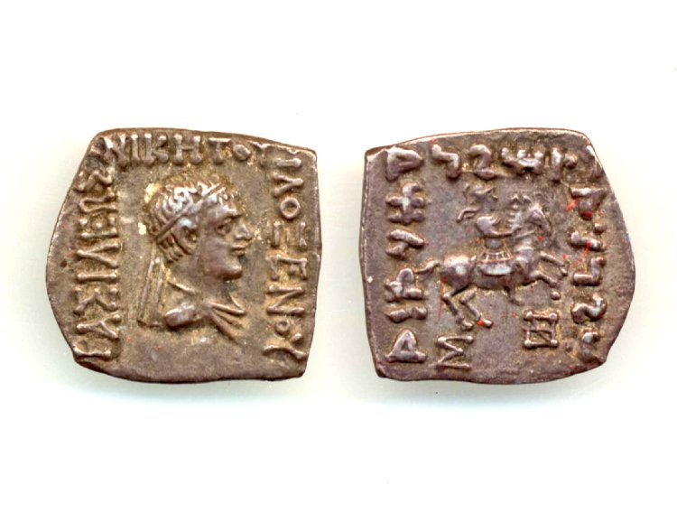 Silver coin with helmeted warrior on horseback, king Philoxenus Anicetus, 100-95 BC, minted in Afghanistan, Indo-Greek kingdom