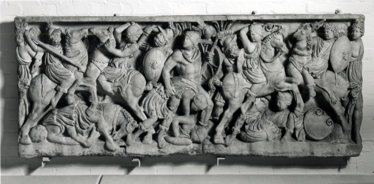 A piece from the front of a lenos (tub-shaped sarcophagus) with a battle between Greeks and Amazons, cr. 290-310, Rome