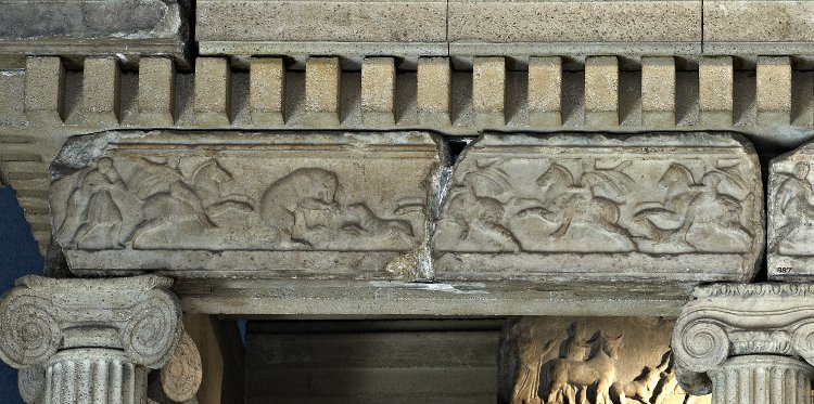 Detail of the architrave frieze of the Nereid Monument showing a dynast at the bear hunt, cr. 390-380 BC, classical Greek, Xanthos in Lycia, close to present-day Fethiye in Mugla Province, Turkey