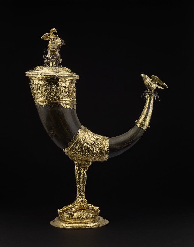 The Griffin's claw cup showing Marcus Curtius leaping into the chasm and Lot and his daughters, 1541-1583, Hans and Lorenz Faust, Mainz, Germany