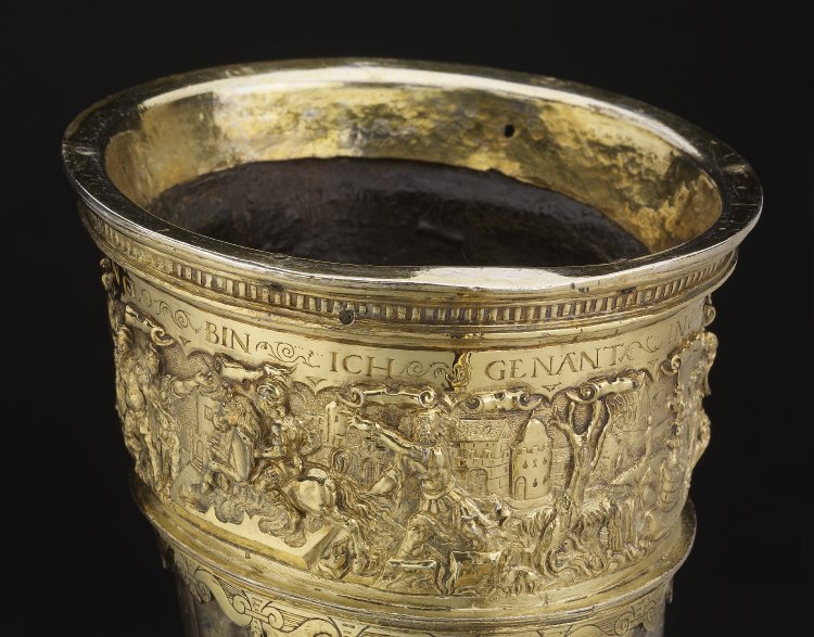 Detail of the Griffin's claw cup showing Marcus Curtius leaping into the chasm, 1541-1583, Hans and Lorenz Faust, Mainz, Germany