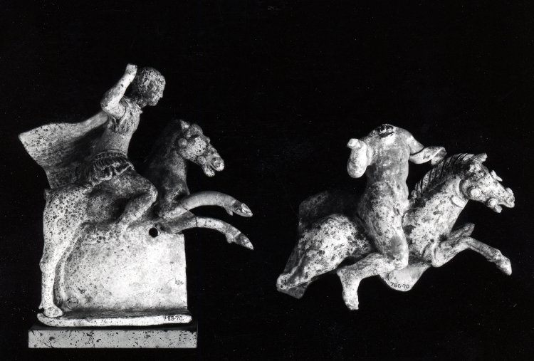 Terracotta relief attachment from an askos, showing a warrior on horseback, cr. 270-200 BC, Canosa, Apulia, Italy