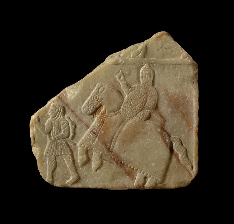 Relief depicting warrior riding a rearing horse and a foot soldier, 3rd-5th centuries, Yemen