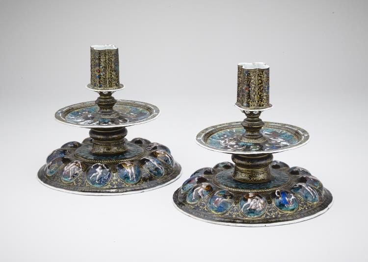 A pair of Limoges enamel candlesticks, cr. 1560, Jean de Court, Limoges, France