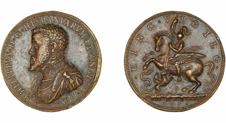 Cast bronze medal with the bust of Philip II of Spain and (reverse) Bellerophon on a rearing Pegasus, spearing the Chimaera, 1556, Gianpaolo Poggini, Spain