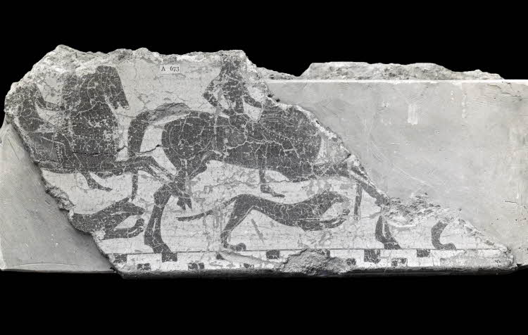 Fragment of Klazomenian painted terracotta sarcophagus with youths riding horses below which run dogs, late 6th century BC, Klazomenian (modern Turkey)