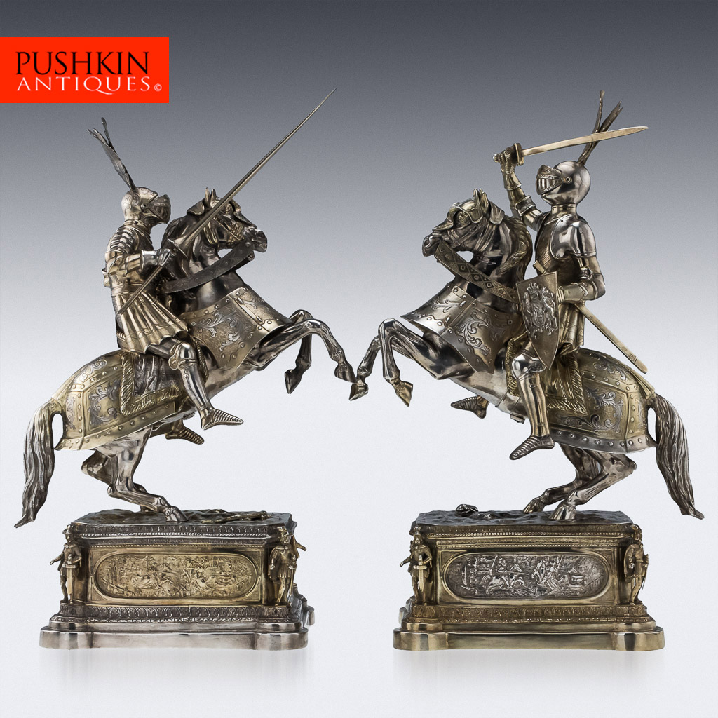Solid silver pair of knight horseman figures, cr. 1900, Georg Roth & Co, Hanau, Germany