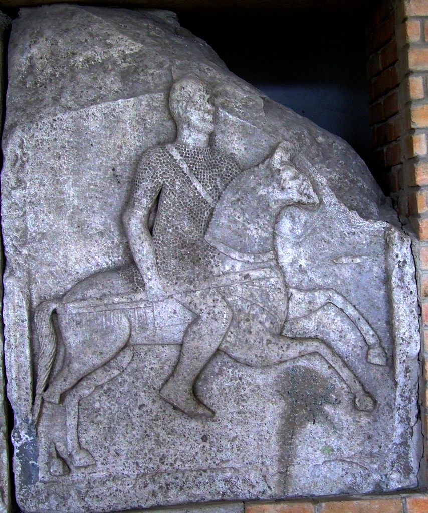 Tropeum Traiani Metope I showing a cavalryman carrying a shafted weapon, cr. 109 AD, Roman