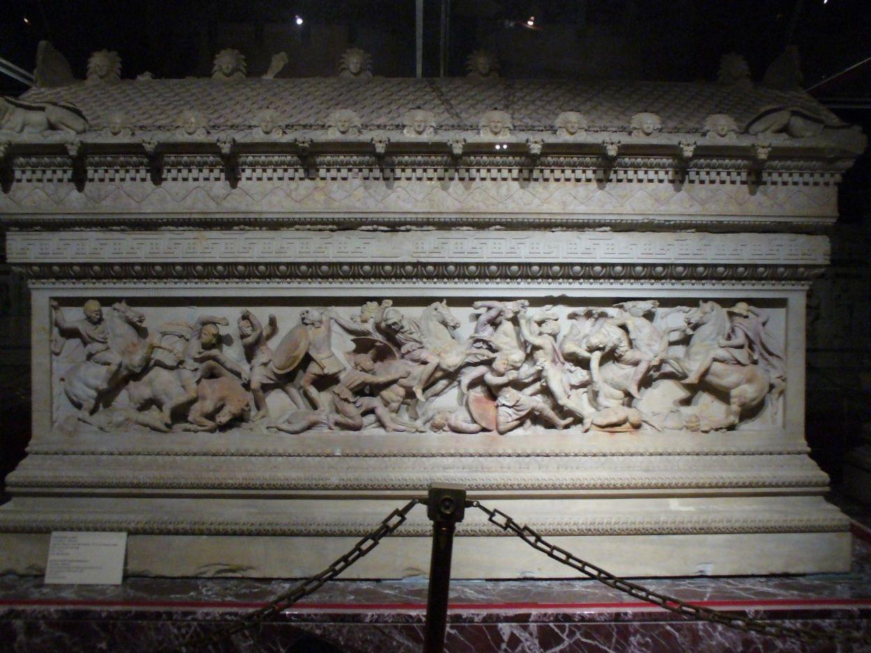 Alexander sarcophagus, long side showing the battle of Issus, circa 320 BC, Ionian or Rhodian workmanchip, Hellenistic