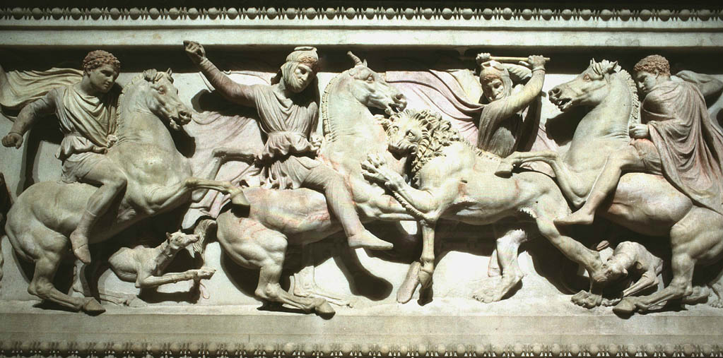 Alexander sarcophagus, long side showing a lion hunt, with (l-r) Hephaestion, Abdalonymos and Alexander the Great, circa 320 BC, Ionian or Rhodian workmanchip, Hellenistic